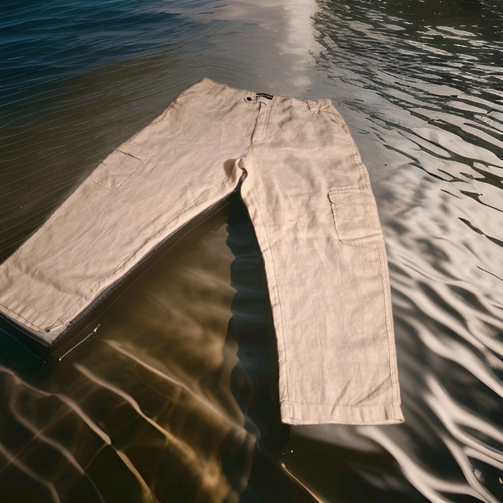 Rachel Roy XL Beige 100% Linen Summer Beachy Cargo Capri Pants 0081